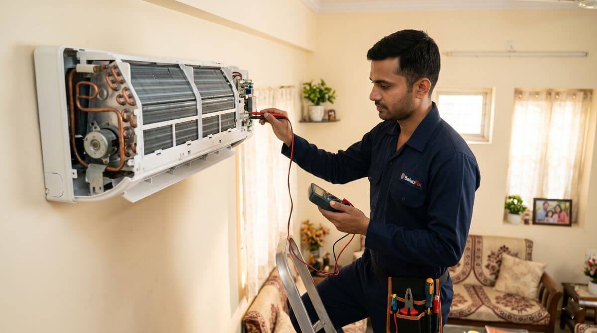 AC repair technician diagnosing split air conditioner unit in Vadodara home – BaluaFix